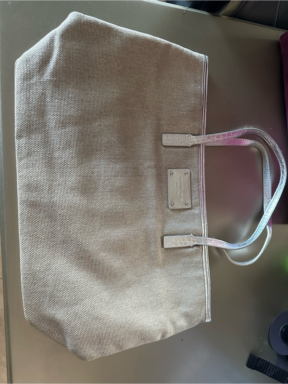 Michael Kors Beige Canvas Tote with Croc-Effect Metallic Handles